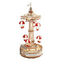 Parachute tower music box 3D wooden puzzle with red and white parachutes, LED lights, and a moving carnival ride display