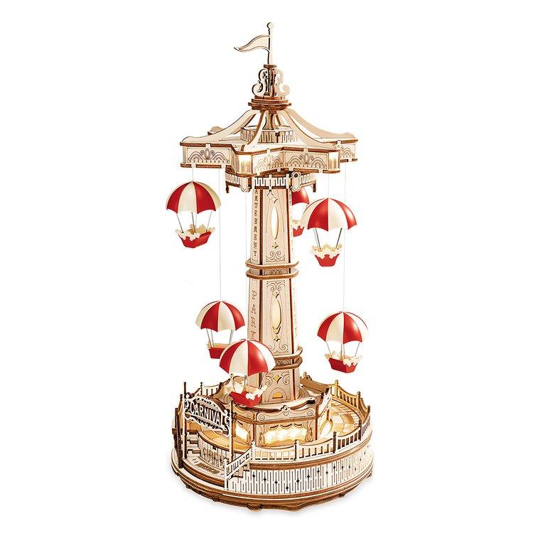 Parachute tower music box 3D wooden puzzle with red and white parachutes, LED lights, and a moving carnival ride display