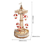 Wooden parachute tower model standing 300mm tall, an illuminated amusement park music box kit for desk and shelf decor