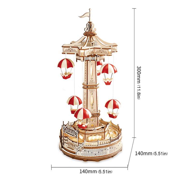 Wooden parachute tower model standing 300mm tall, an illuminated amusement park music box kit for desk and shelf decor