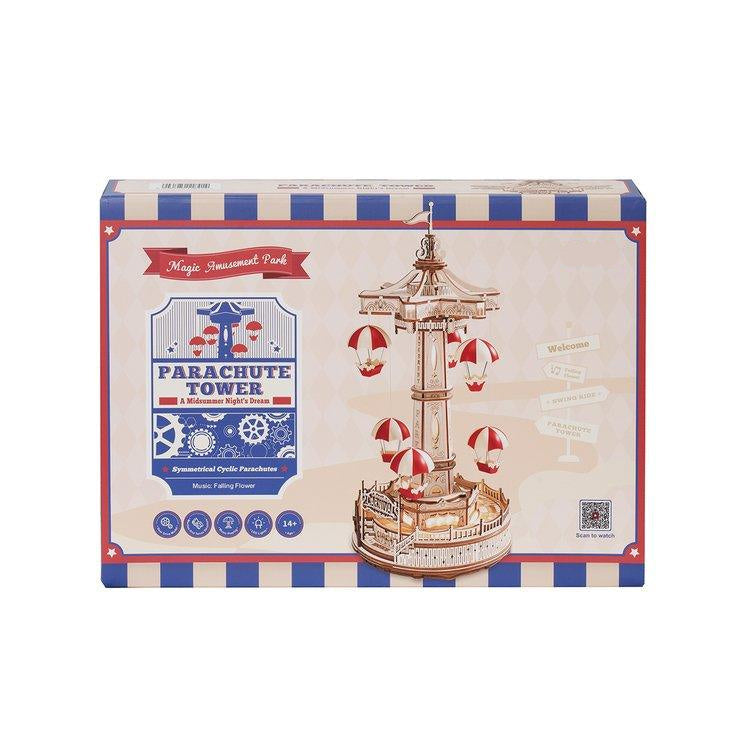 Parachute tower wooden puzzle building kit for adults, an amusement park music box and birthday or housewarming gift idea