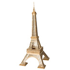 Wooden Eiffel Tower 3D puzzle assembled as a tall Paris landmark model, a no glue laser cut architecture kit for home decor