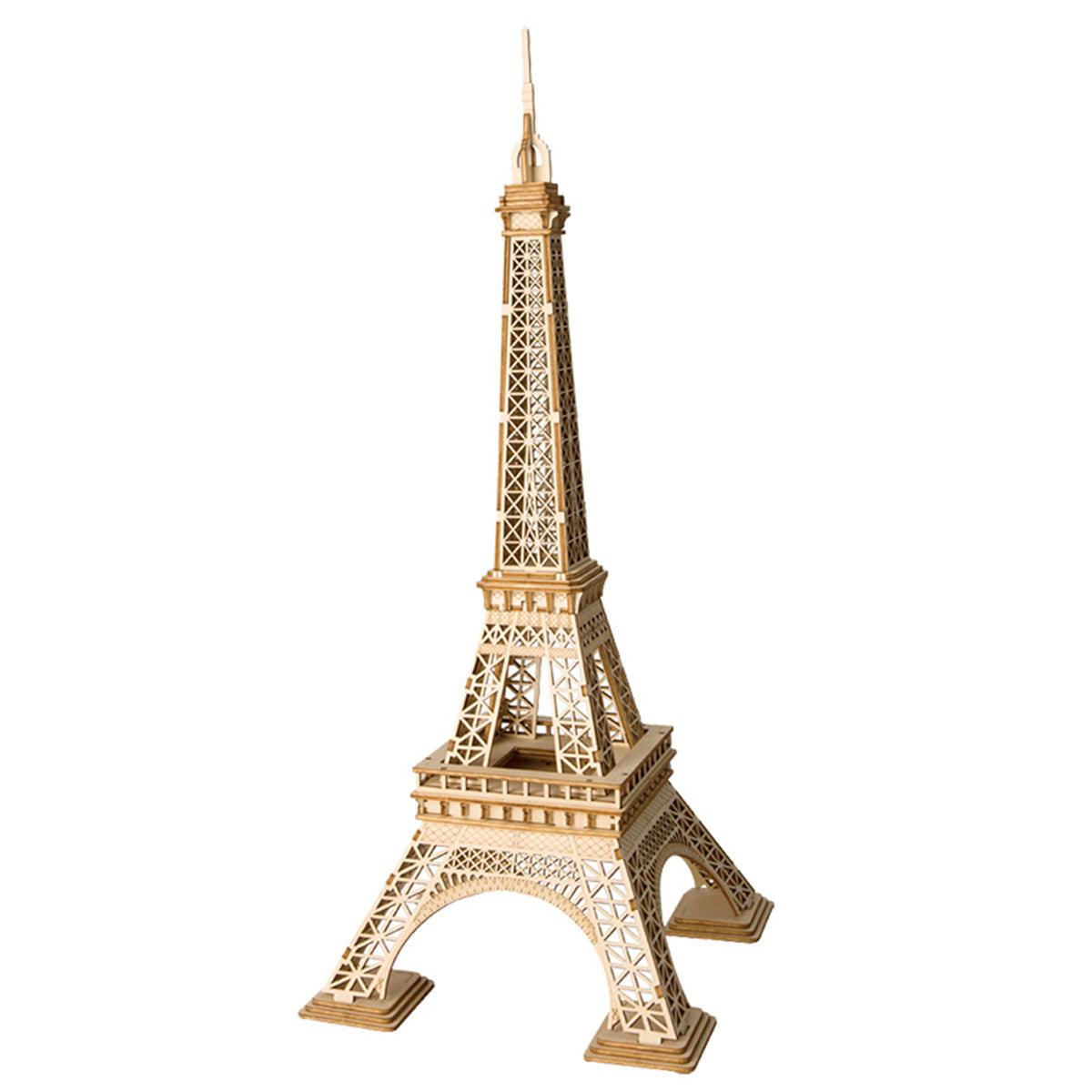 Wooden Eiffel Tower 3D puzzle assembled as a tall Paris landmark model, a no glue laser cut architecture kit for home decor