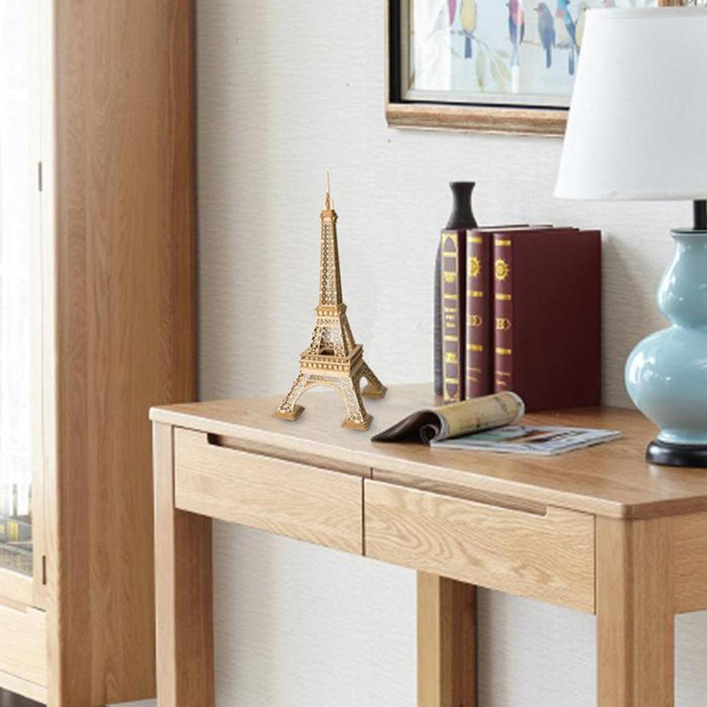 Eiffel Tower wooden puzzle on a console table as Paris travel decor, a screen free craft kit and gift for teens and adults