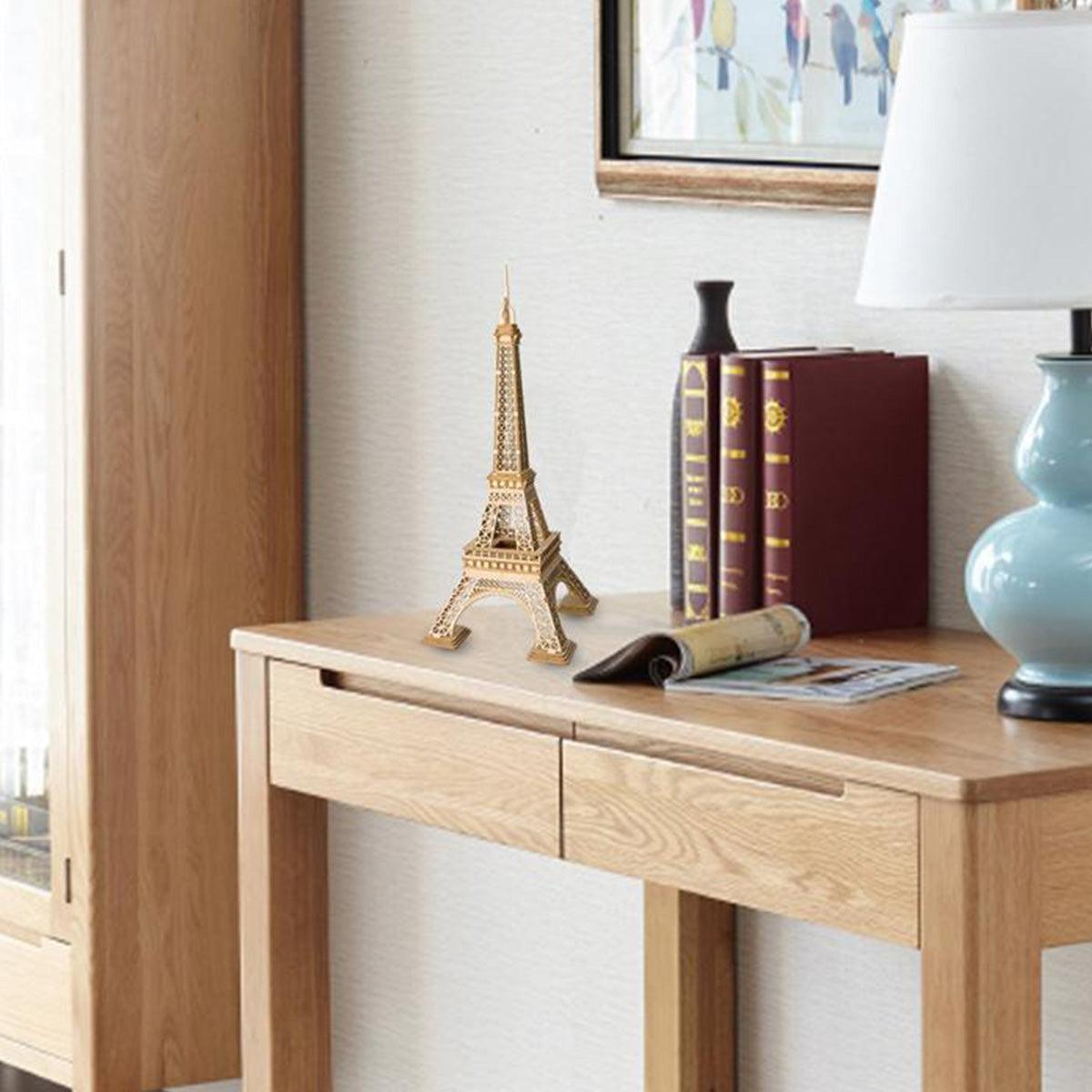 Eiffel Tower wooden puzzle on a console table as Paris travel decor, a screen free craft kit and gift for teens and adults