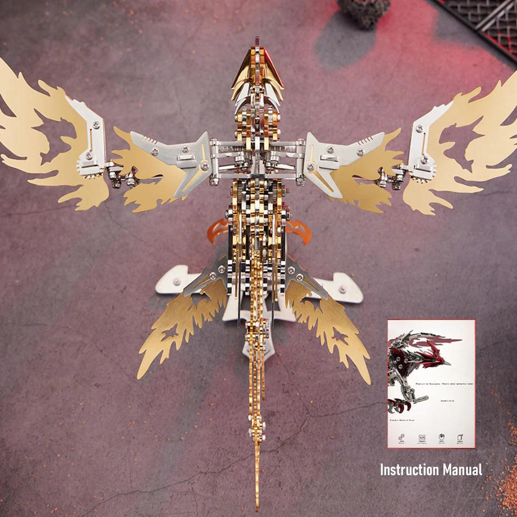 Metal puzzle phoenix with articulated wings, a relaxing weekend build and brain teaser hobby kit for teens and adults 16 plus Blue