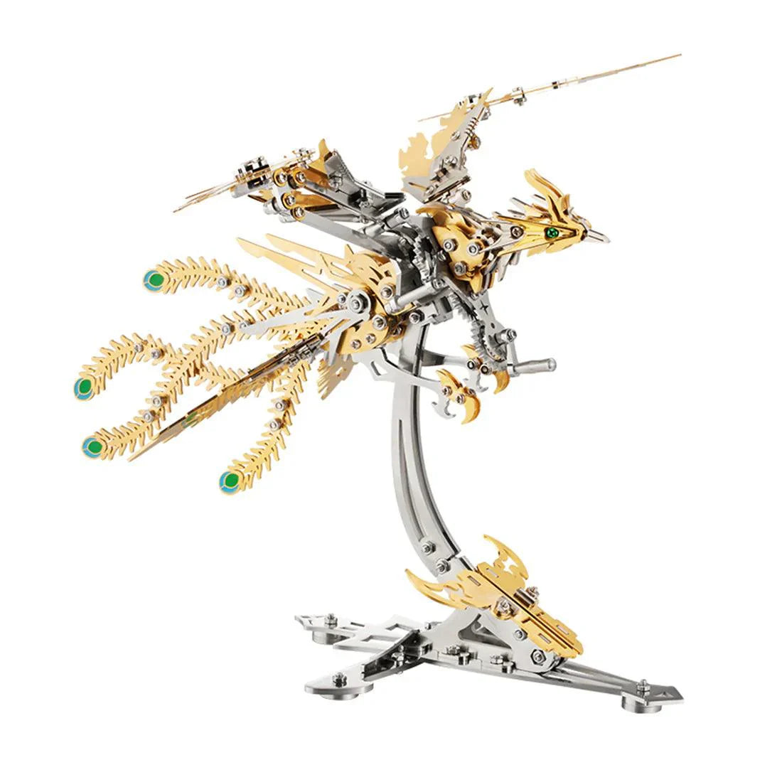 Mechanical steel phoenix statue built from a 3D metal puzzle kit, a kinetic display piece for home office and shelf decor Red