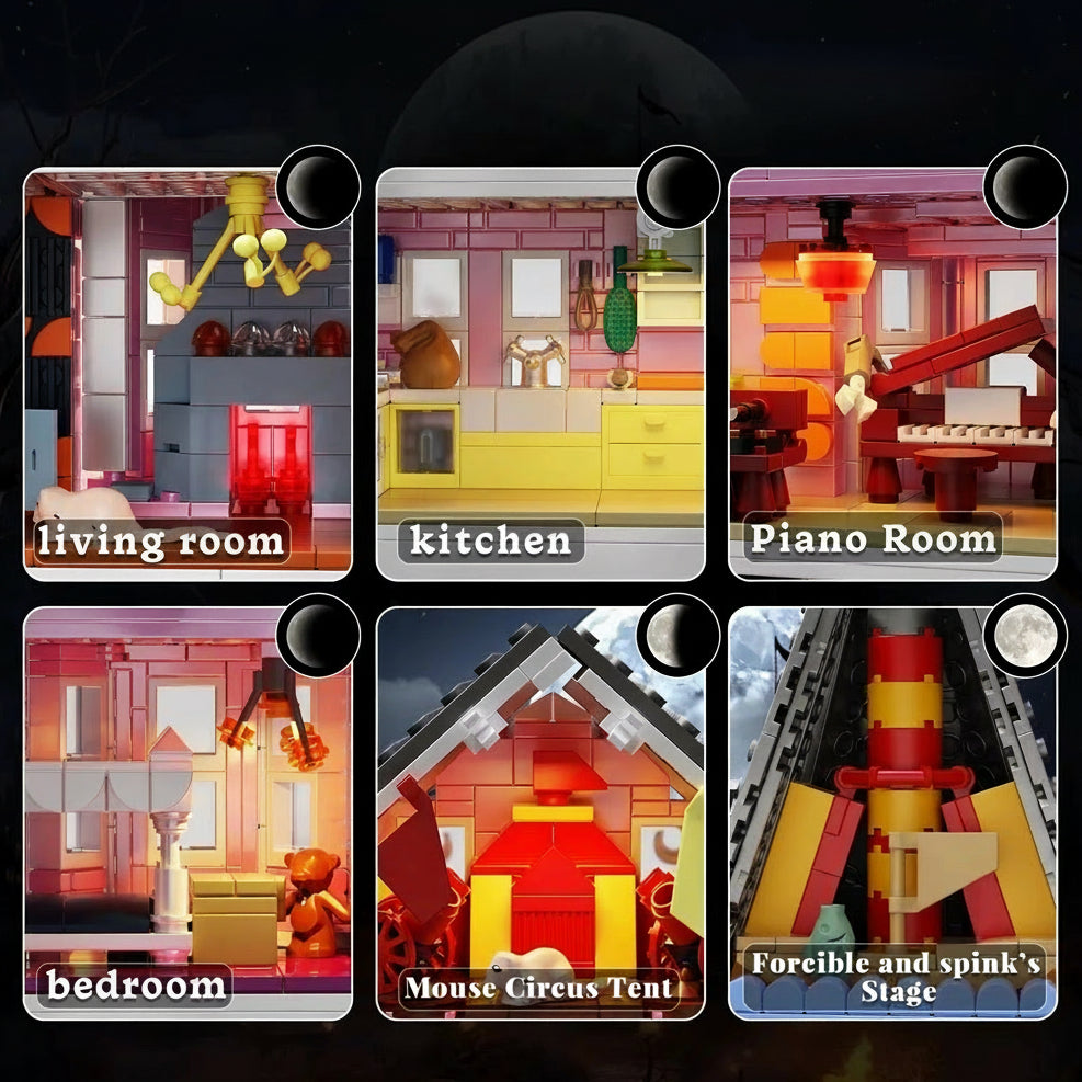 Six furnished rooms inside the Pink Palace haunted house including a piano room, kitchen and bedroom lit by a warm LED light kit