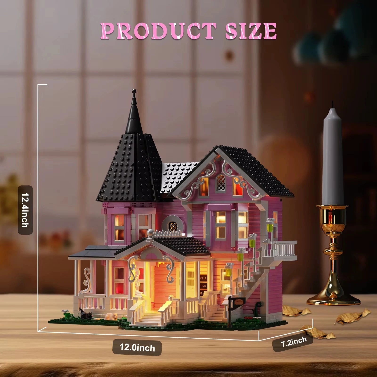 Over twelve inch tall Pink Palace mansion model, a 1349 piece Victorian gothic building kit sized for desk and bookshelf display
