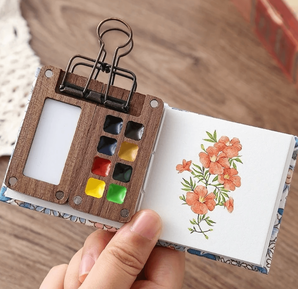Pocket watercolor kit with walnut wood palette and refillable water brush pen for urban sketching and plein air art Flower Set