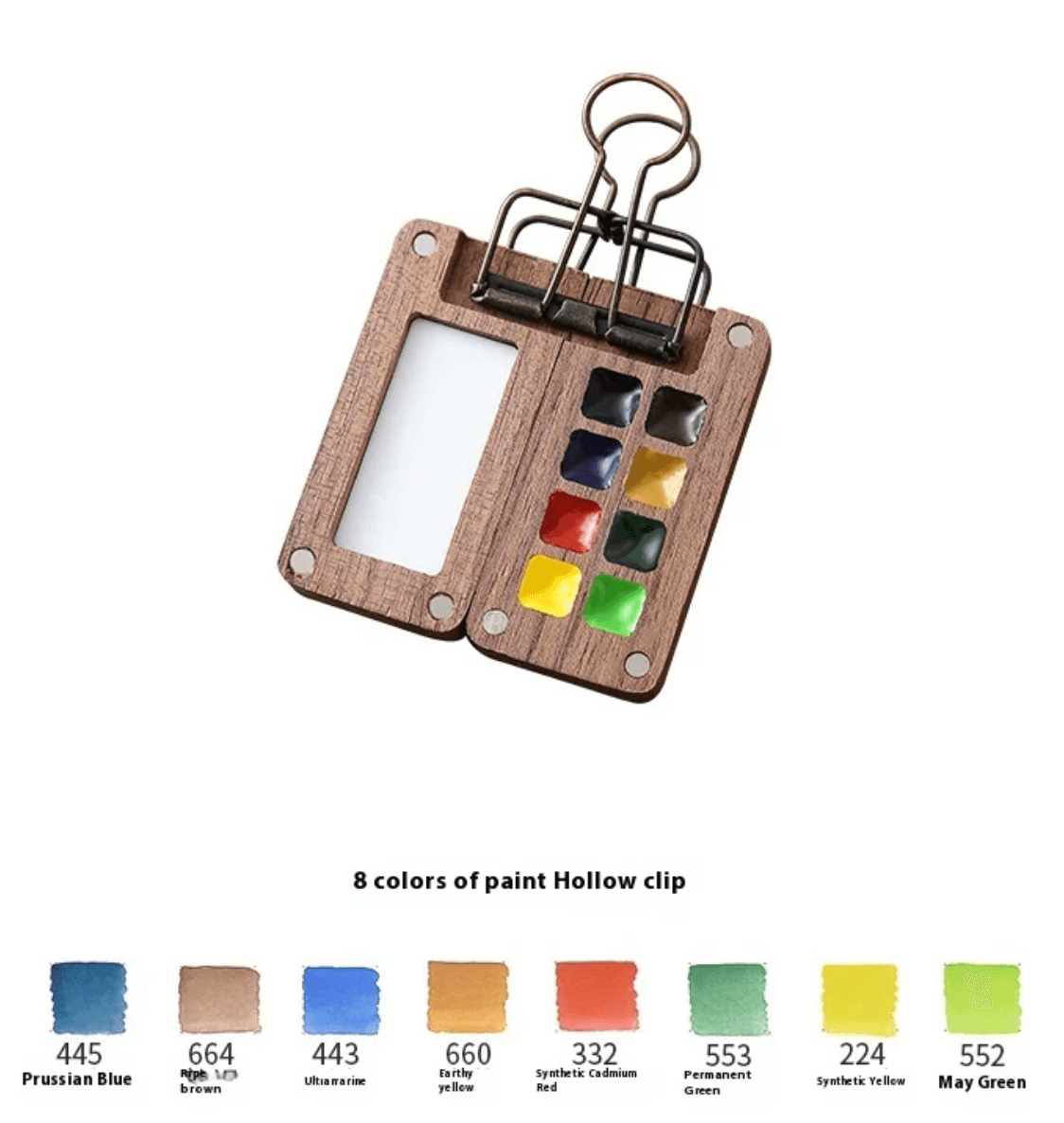 Portable travel watercolor set with six pre-filled colors in a compact walnut wood palette for on-the-go painting NanoPalette Only
