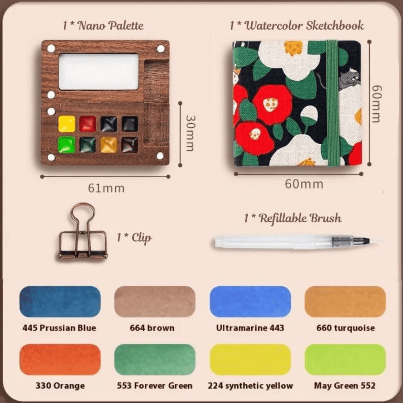 Portable pocket art kit with refillable water brush and pre-filled watercolors, a creative gift for artists on the go Black Set
