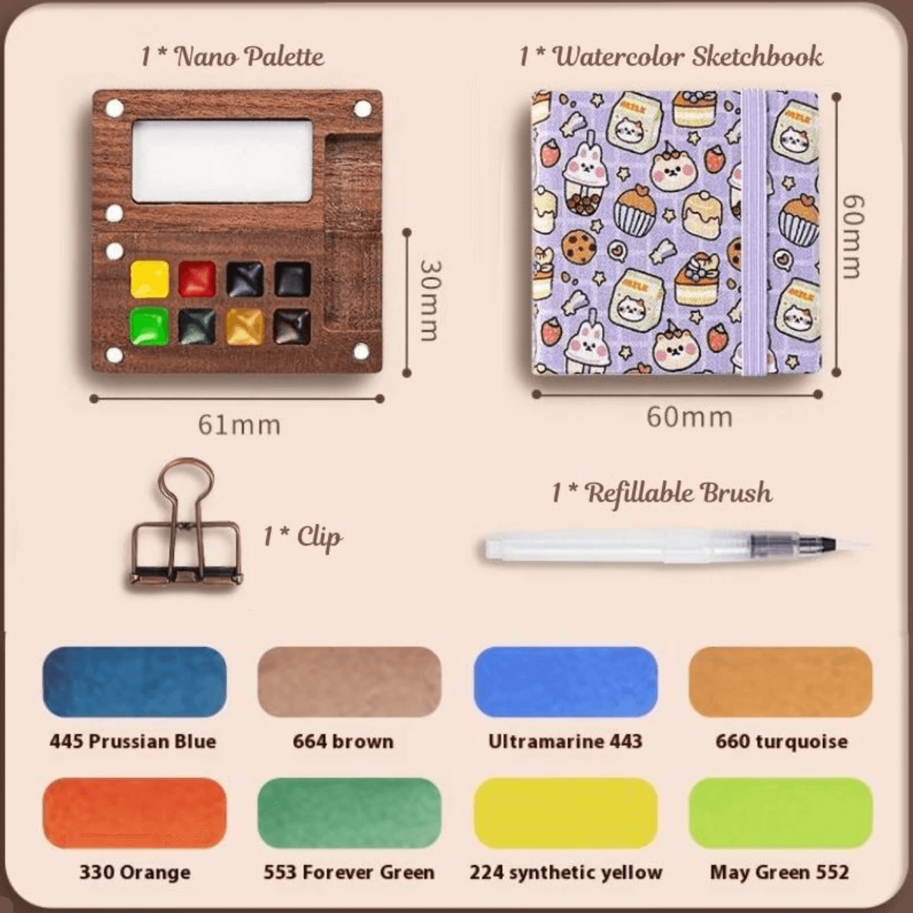 Compact watercolor kit with a mini kawaii sketchbook, a fun creative art gift for students and journaling fans Cupcake Set