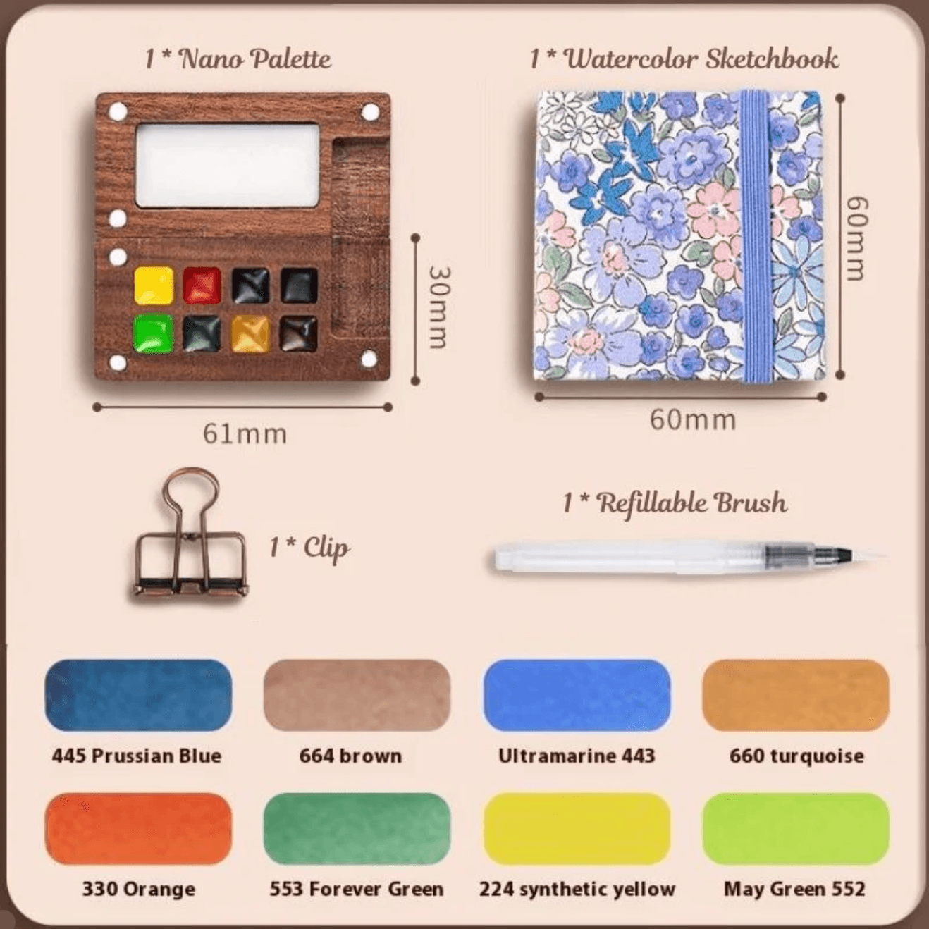 Pocket-sized watercolor set with eco-friendly walnut palette and mini sketchbook for painting landscapes and florals Flower Set