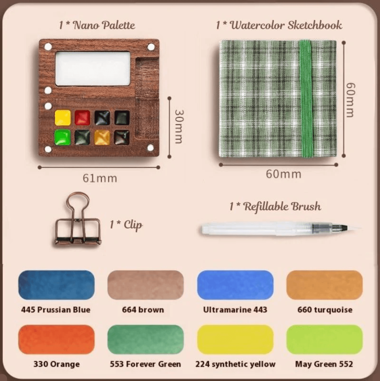 Travel watercolor paint set with walnut palette, mini sketchbook, and refillable water brush for hobby artists Green Set