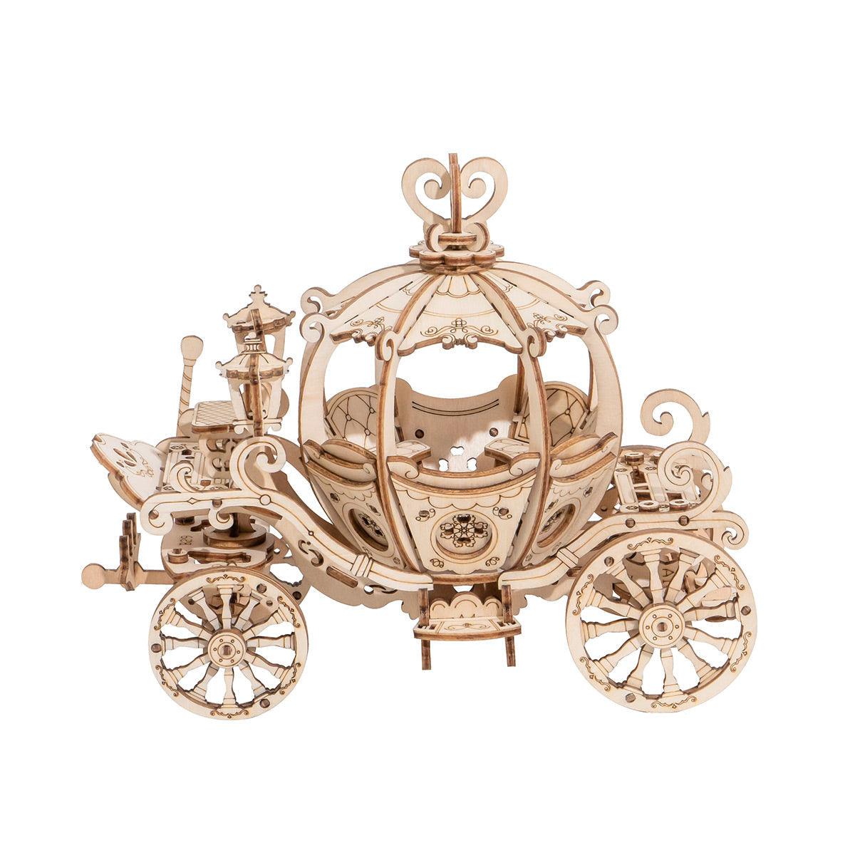 Fairy tale pumpkin carriage 3D wooden puzzle assembled as a storybook coach, a whimsical display piece for a shelf or mantel