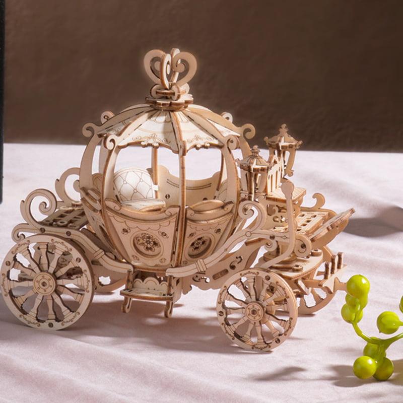 Pumpkin carriage model with intricate fretwork, a carter seat, and refined interior, a detailed 3D wooden puzzle for adults