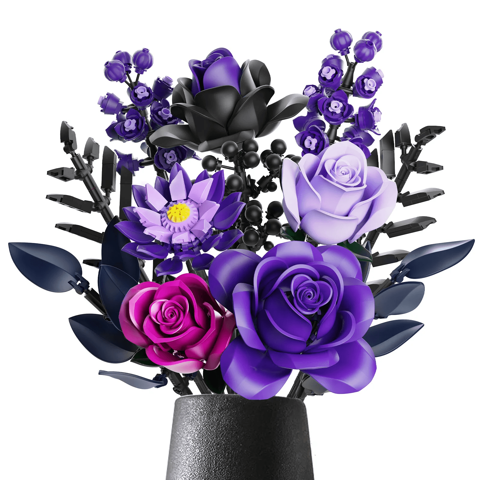 Purple rose bouquet building block set of everlasting artificial flowers that stands as a home decor centerpiece