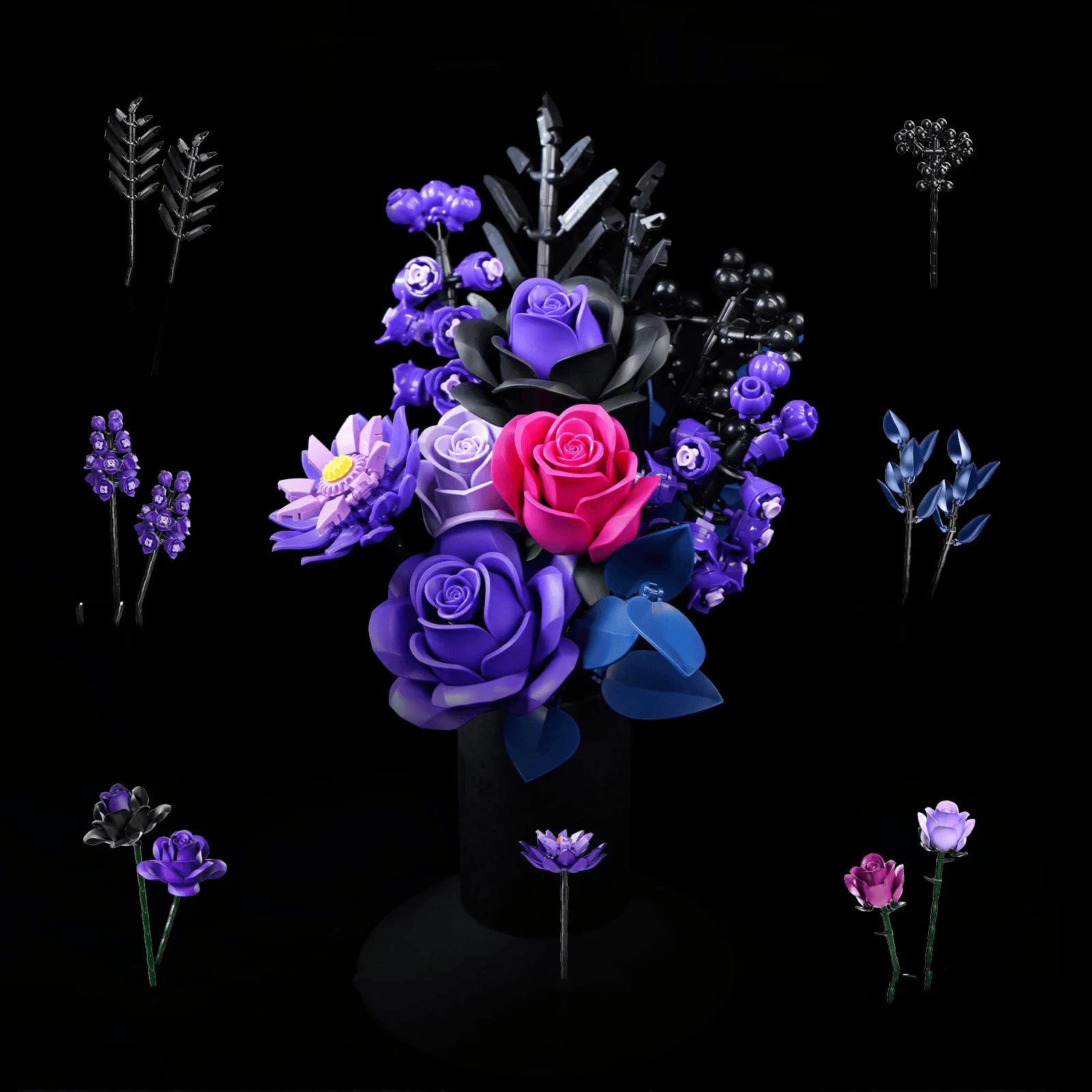 12 piece building block flower kit with roses water lily larkspur and berries that snap together without any glue
