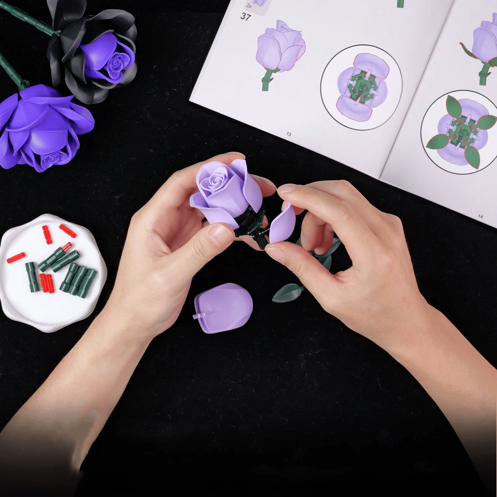 Beginner friendly building block flower craft, a screen free hobby project for teens and adults who enjoy crafts