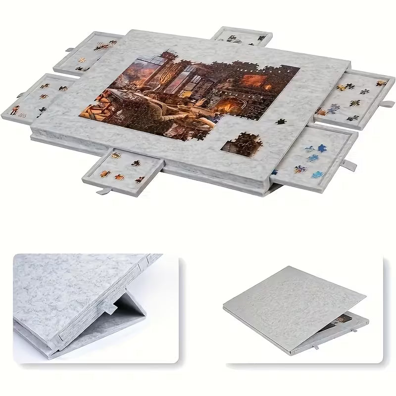 Puzzle Board with 6 Drawers 1500 Piece - Portable Foldable Puzzle Table Felt Surface Storage Organizer for Adults Dark Gray Light Gray