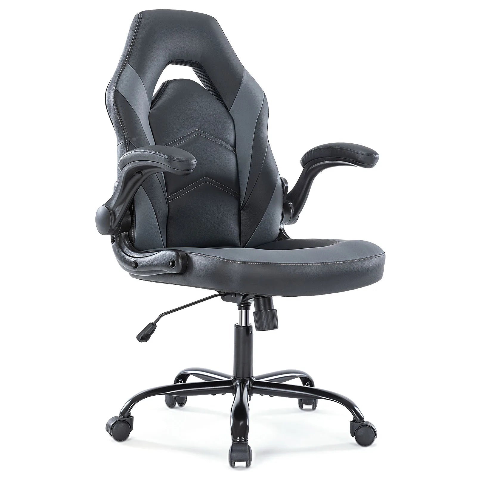 Racing style gaming chair in PU leather with padded flip-up armrests and ergonomic back for a computer desk setup, Gray