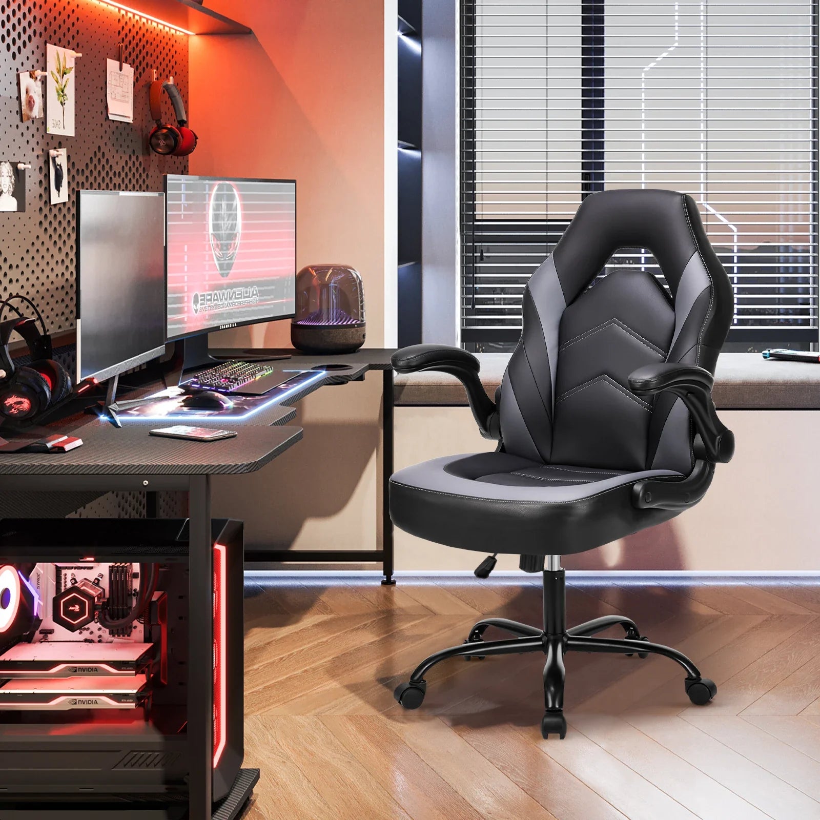 Ergonomic gaming office chair with rocking recline and swivel base for a home gaming setup and long sessions, Gray