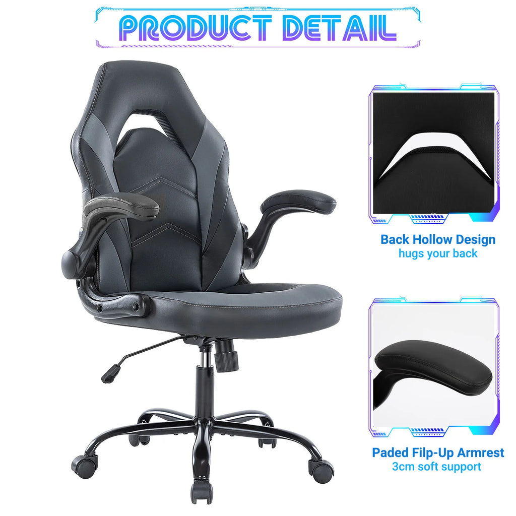 Gaming desk chair with hollow racing back and padded flip-up armrests for comfortable back support, Gray, Red, Blue, Pink
