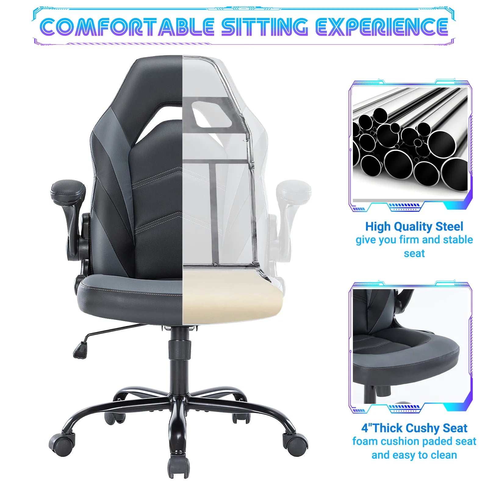 PU leather gaming chair with steel frame and 4 inch foam seat cushion for durable everyday comfort, Gray, Red, Blue, Pink