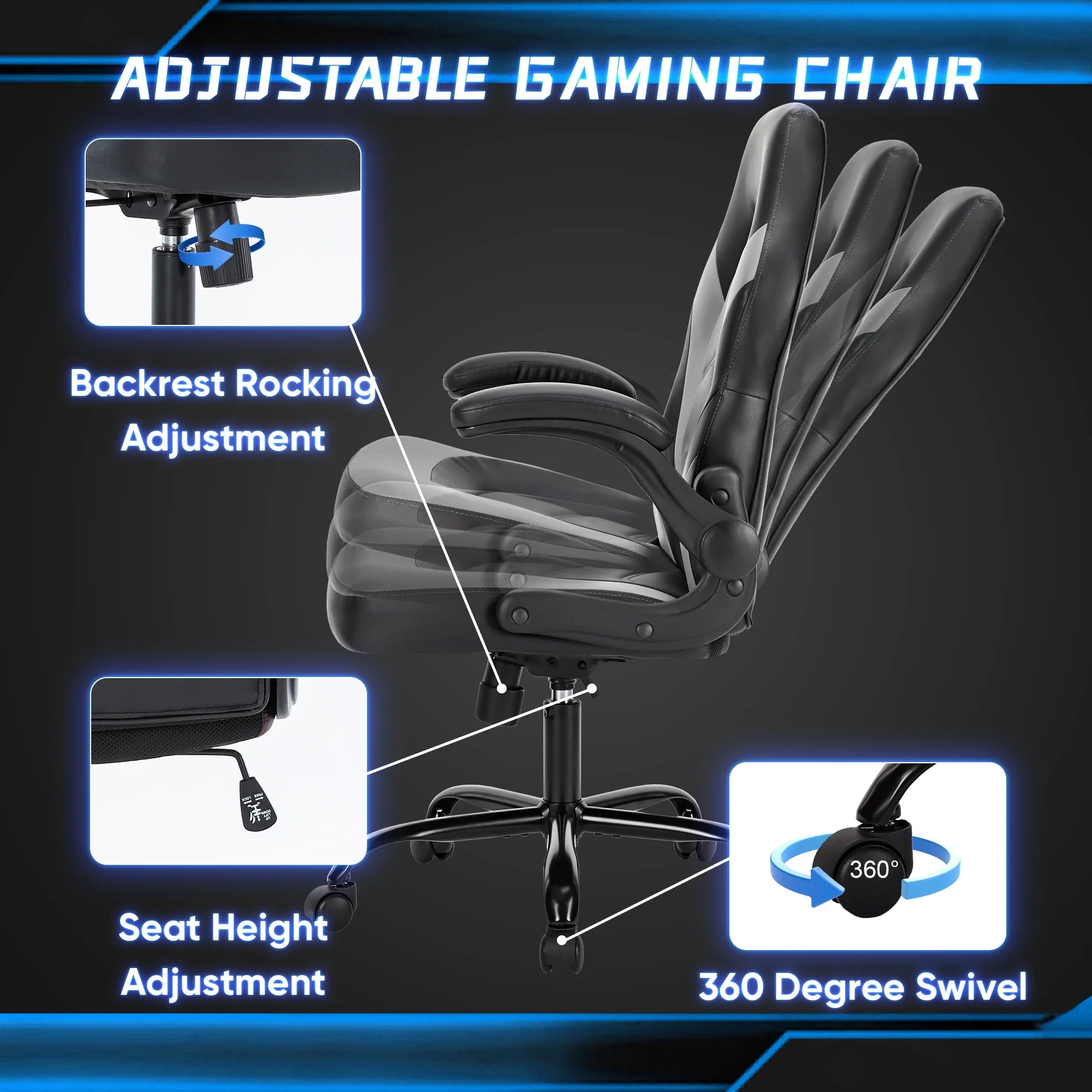 Racing office chair with rocking recline, height adjustment and 360 degree swivel for work and play, Gray, Red, Blue, Pink