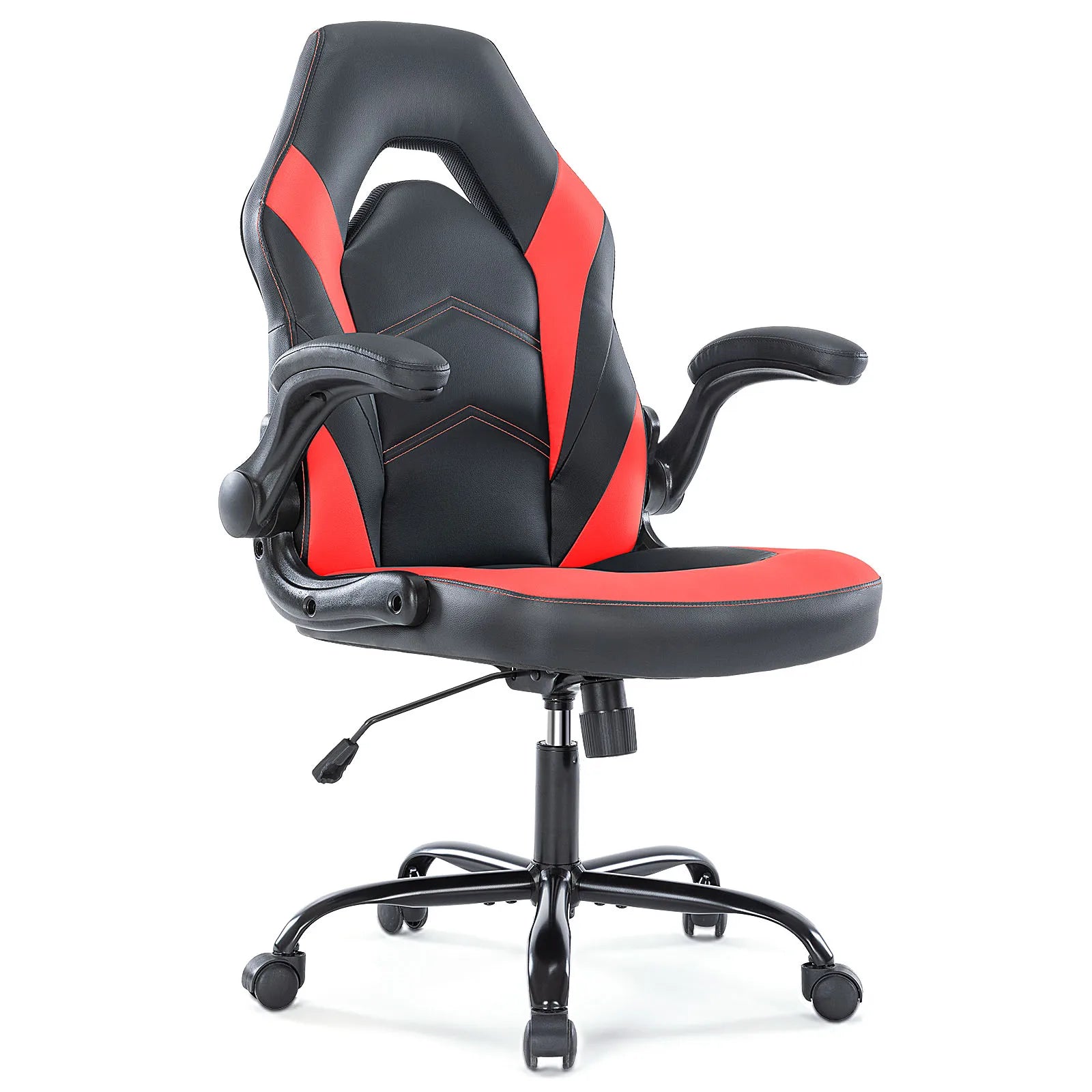 Racing style gaming chair in black and red PU leather with flip-up armrests for a bold gaming desk setup, Red