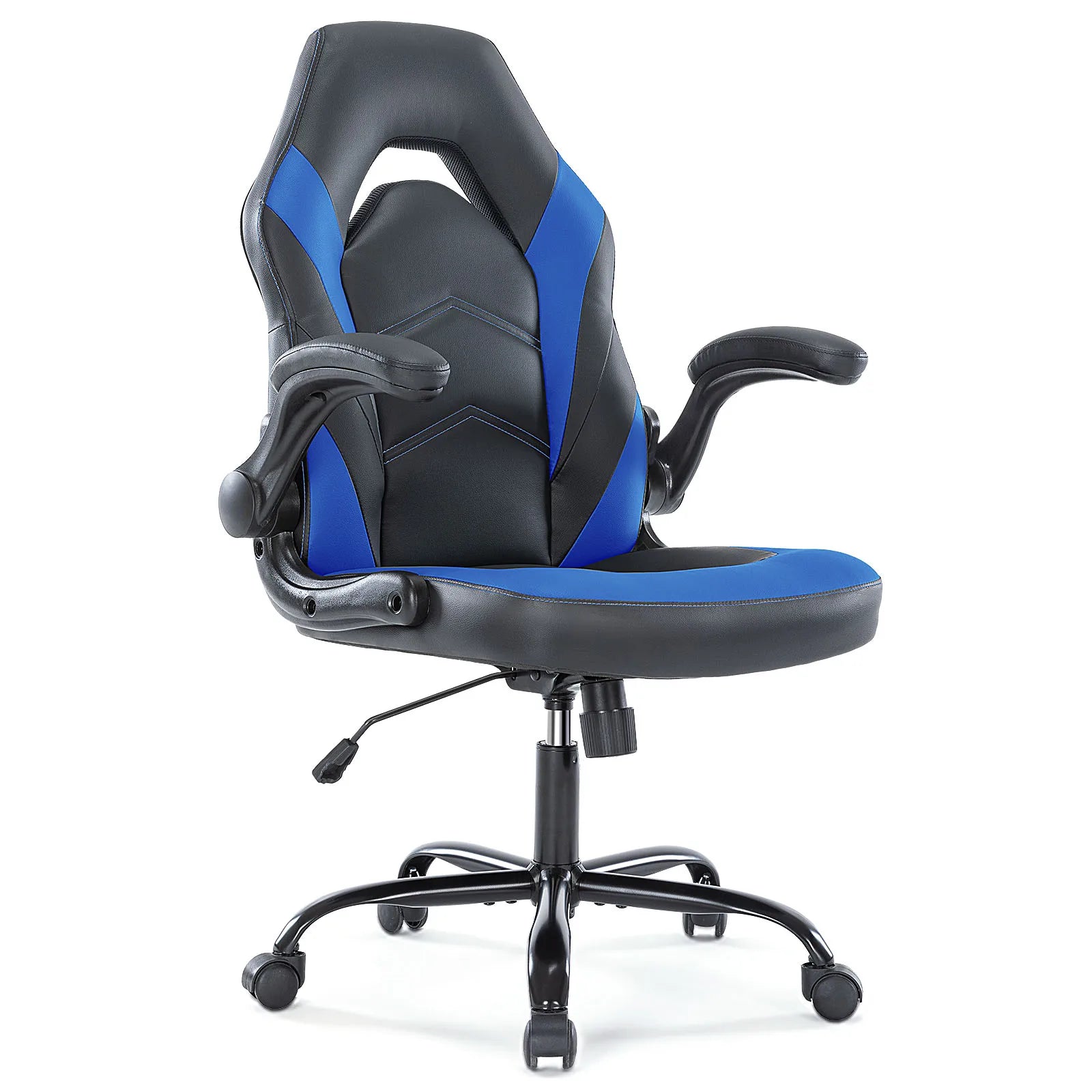 Ergonomic racing gaming chair in black and blue PU leather with padded flip-up armrests for a computer desk, Blue