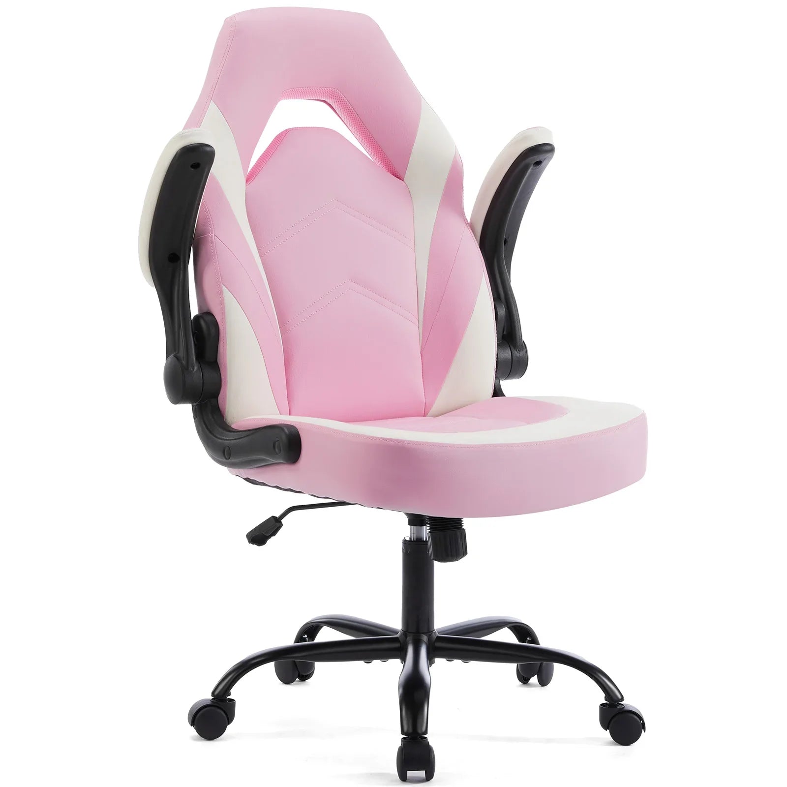 Pink and white racing gaming chair with flip-up armrests for a cute gaming setup, girls desk or dorm room, Pink