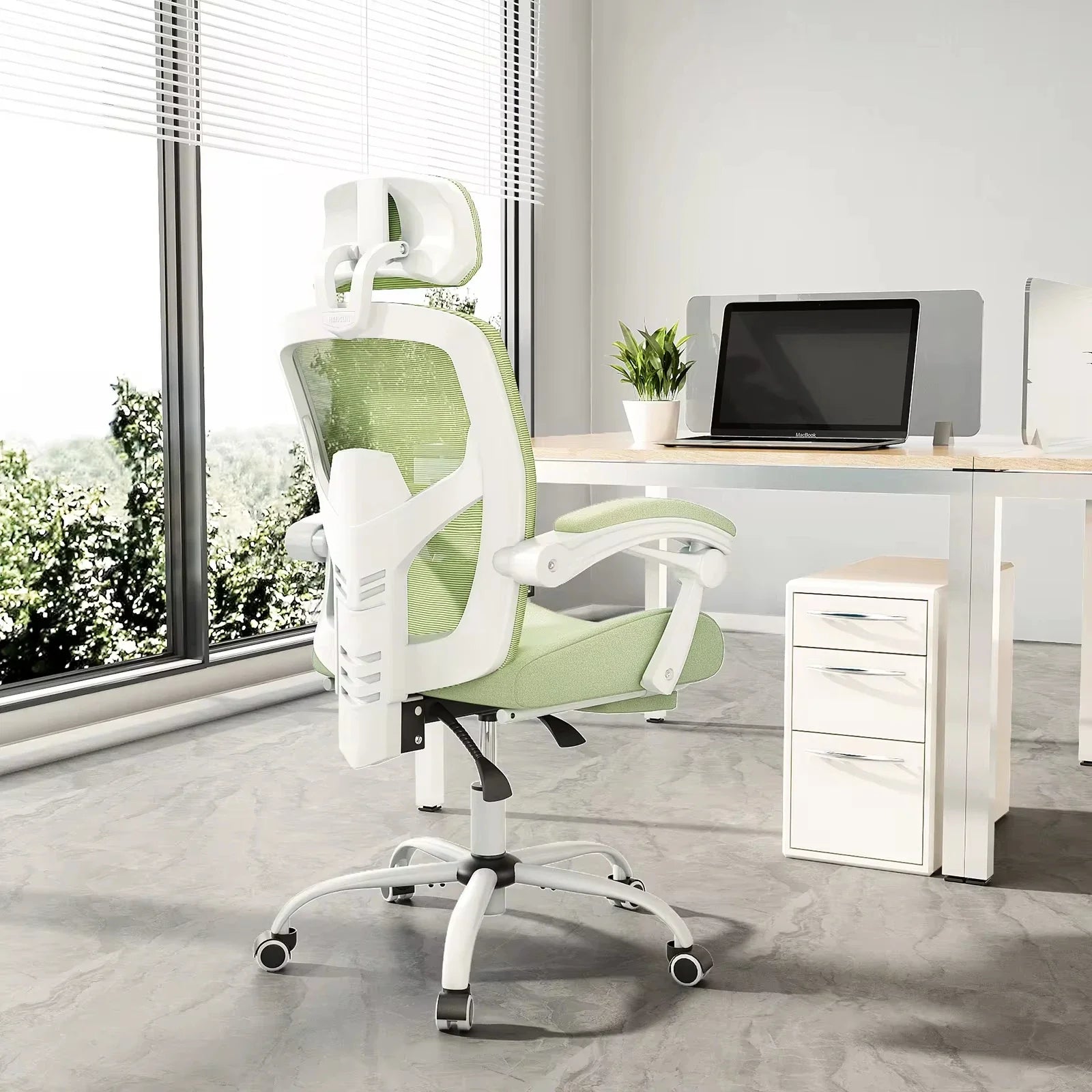 Reclining office chair with footrest and adjustable headrest for a home office desk, high back ergonomic mesh, Green