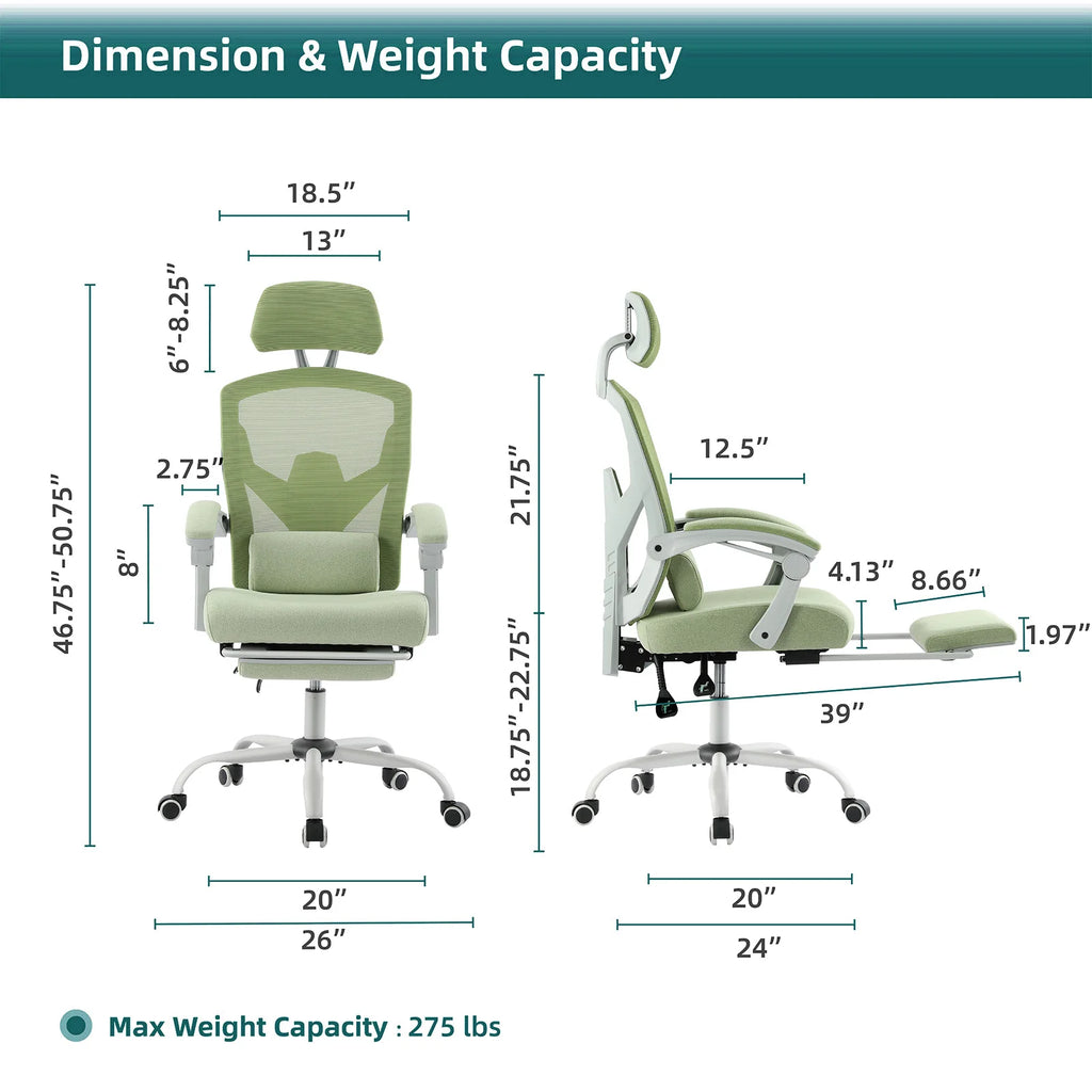 Reclining office chair dimensions with 275 lb capacity and retractable footrest for home office, Black, Green, Gray, Blue