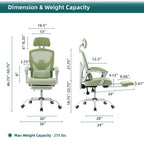 Reclining office chair dimensions with 275 lb capacity and retractable footrest for home office, Black, Green, Gray, Blue
