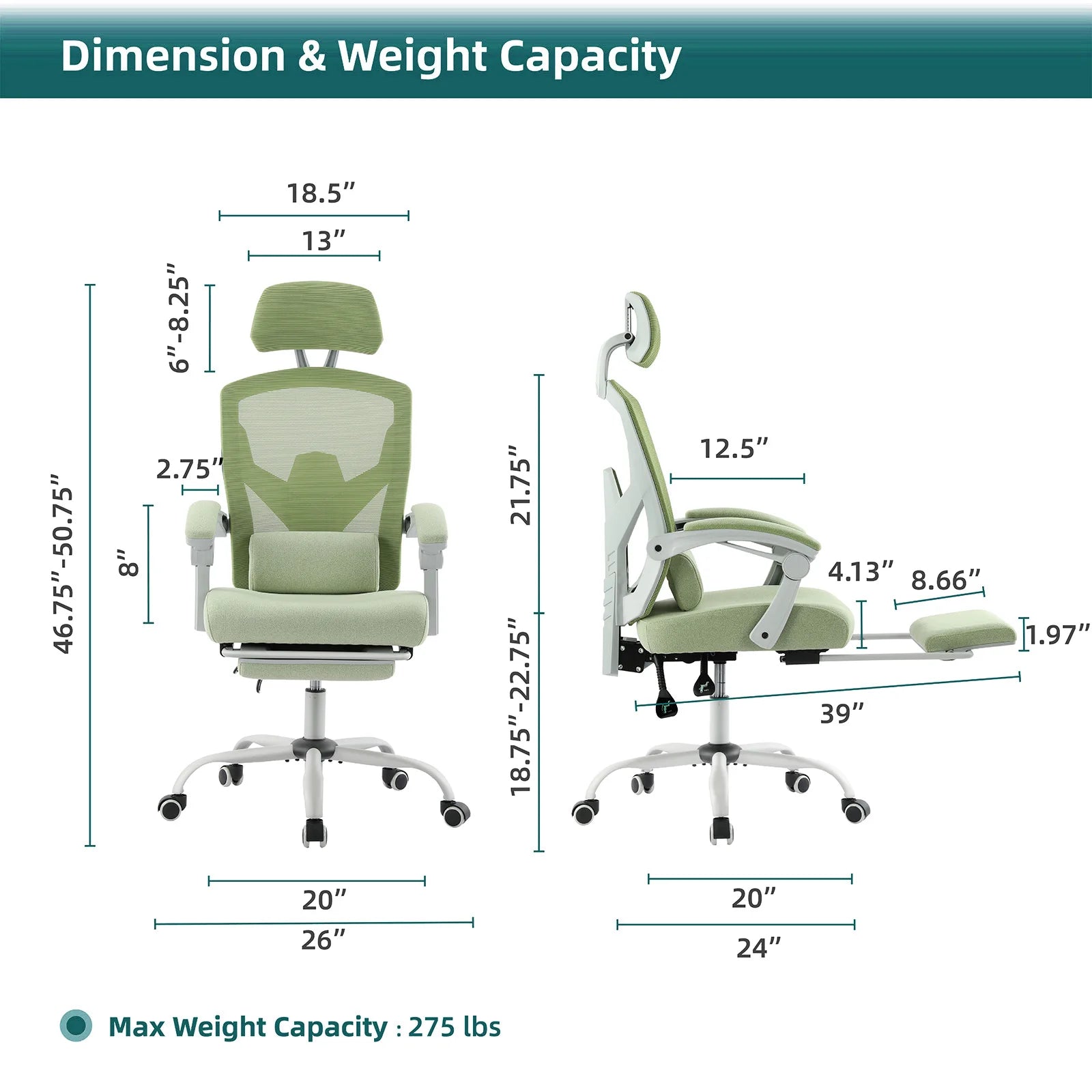 Reclining office chair dimensions with 275 lb capacity and retractable footrest for home office, Black, Green, Gray, Blue