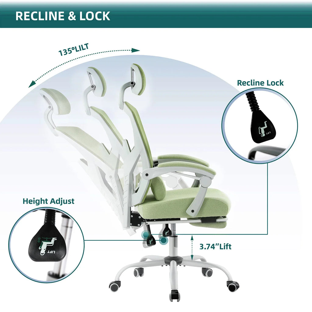 High back office chair that reclines 135 degrees with a lock and lift for napping at your desk, Black, Green, Gray, Blue
