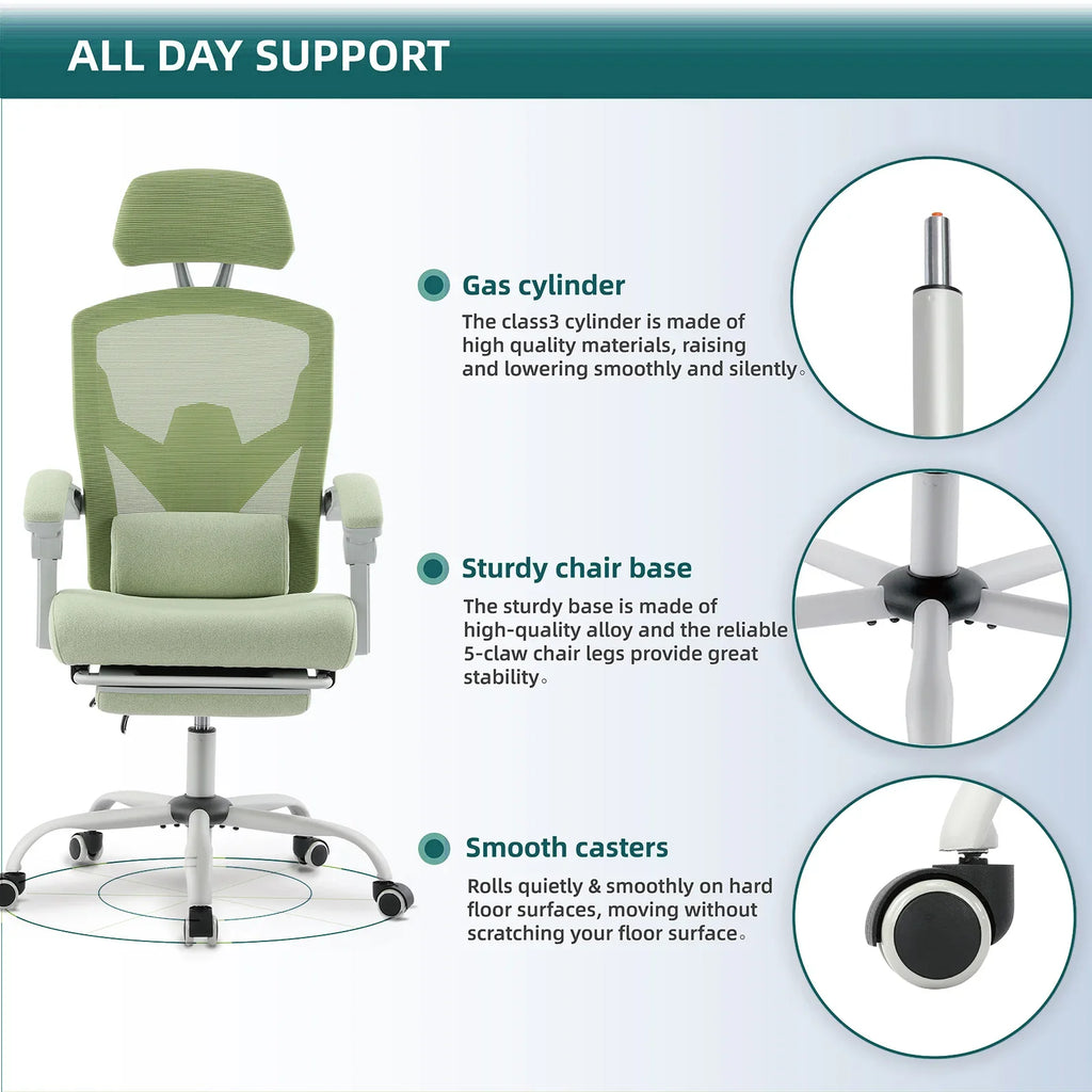 Ergonomic mesh desk chair with class 3 gas lift, five-star base and smooth casters for stable rolling, Black, Green, Gray, Blue