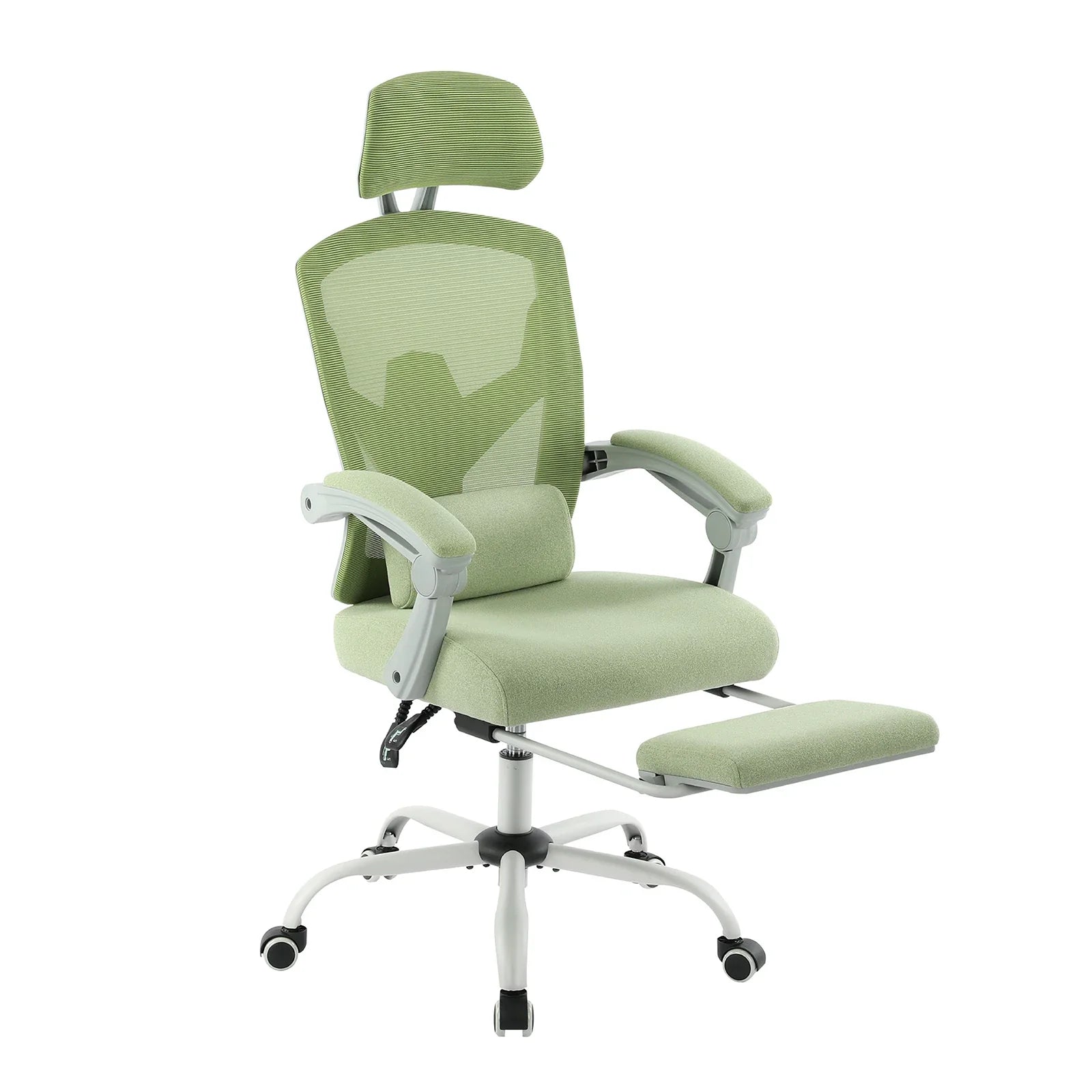 Reclining desk chair with pull-out footrest and lumbar pillow for relaxing between work tasks at home office, Green