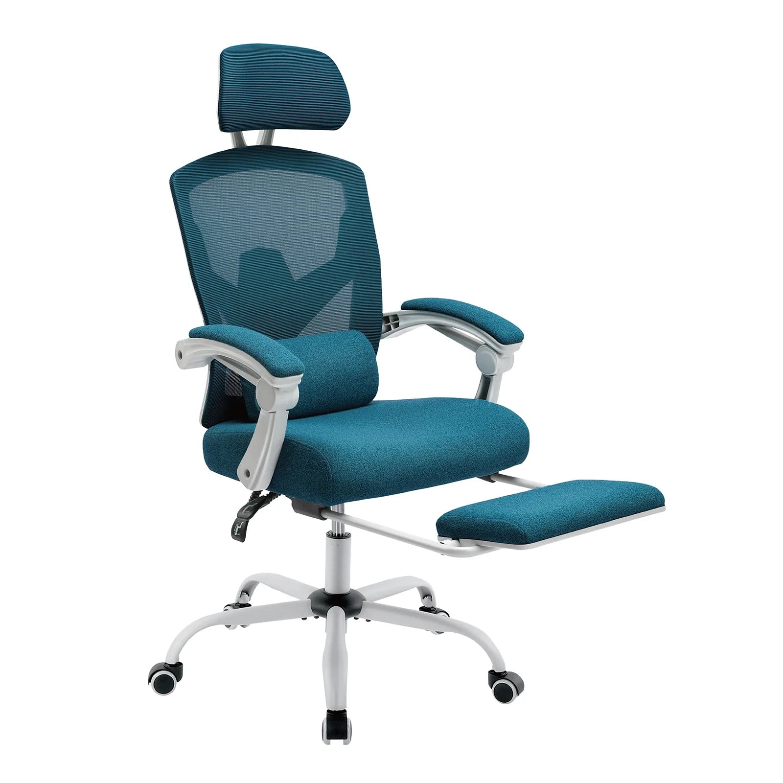Reclining ergonomic mesh office chair with footrest and lumbar pillow for a comfortable home office, Blue