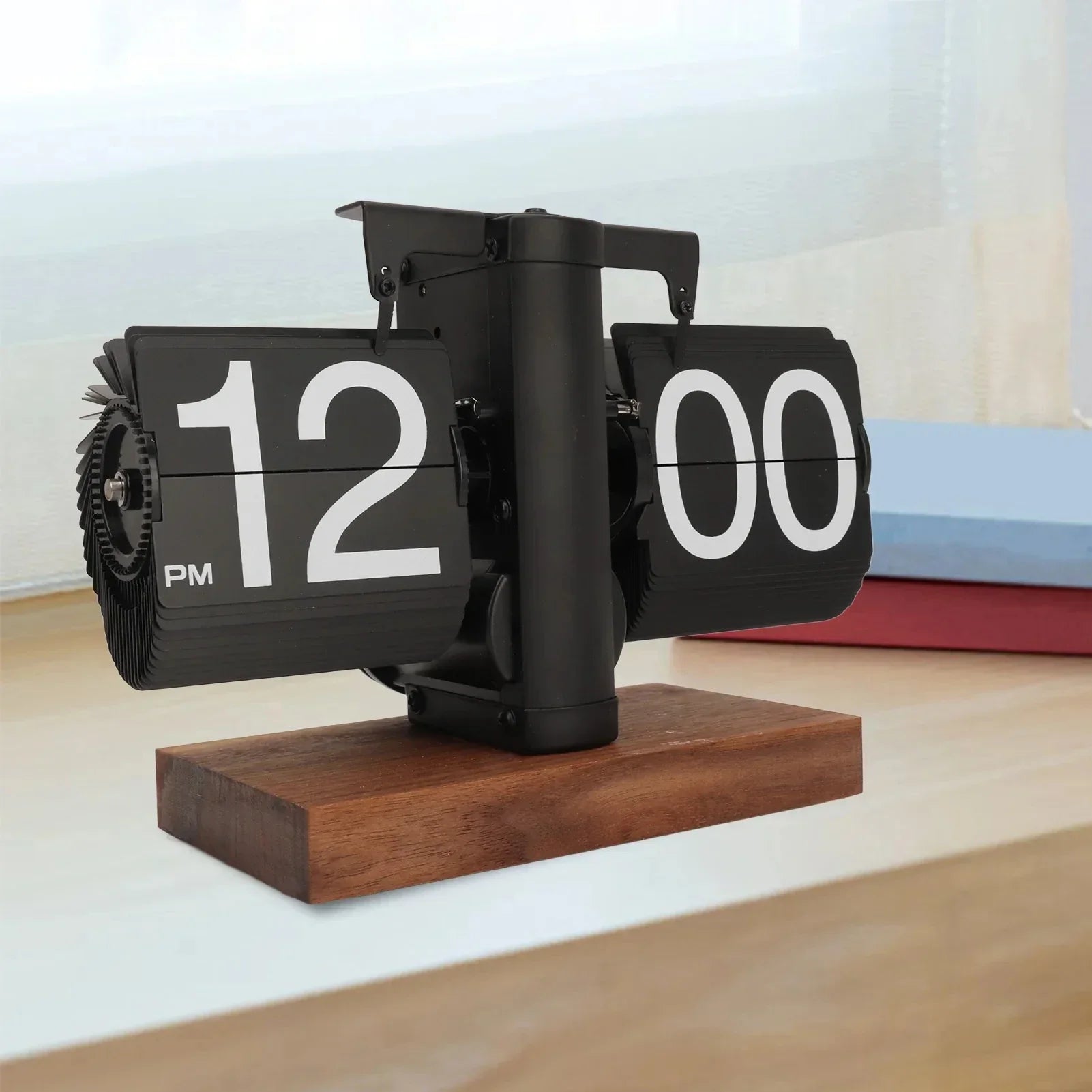 Retro flip down clock with a black walnut wood base and large flip numbers for living room and office desk decor Flipping_Clock_Black_1 Flipping_Clock_Black_2