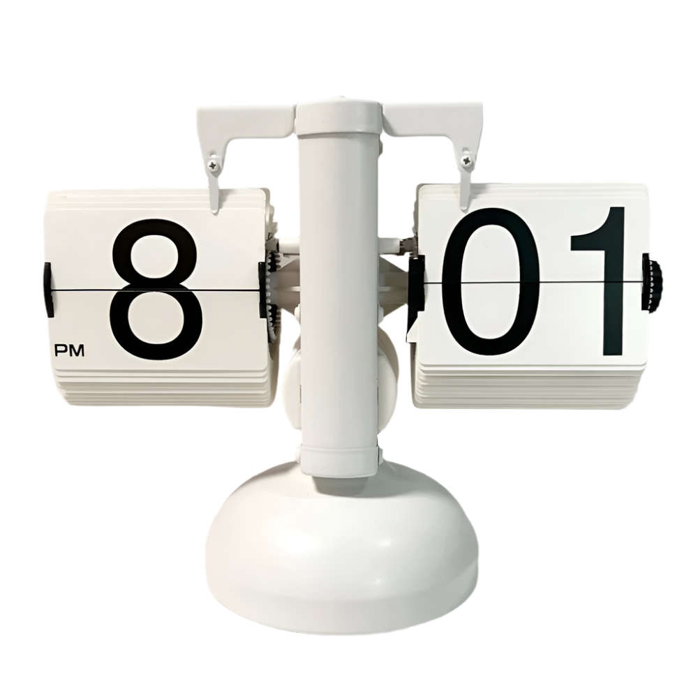 White retro table clock with a flip-card display and metal base for bright home office and bookshelf styling Flipping_Clock_White_1 Flipping_Clock_White_2