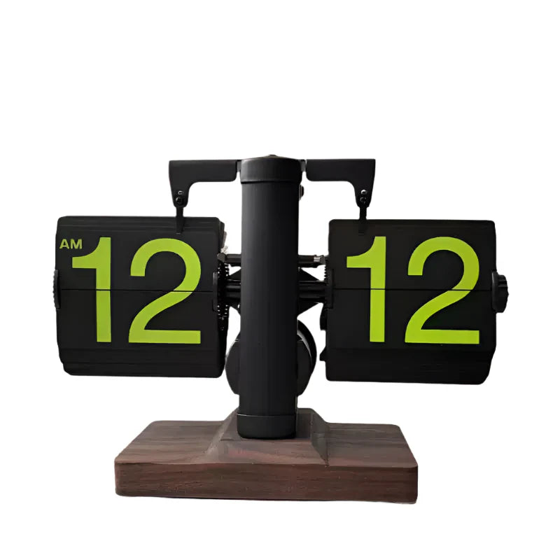 Flip clock with bold green display numbers on a wood base for a desk, study, or living room as retro home decor Flipping_Clock_Green_1 Flipping_Clock_Green_2