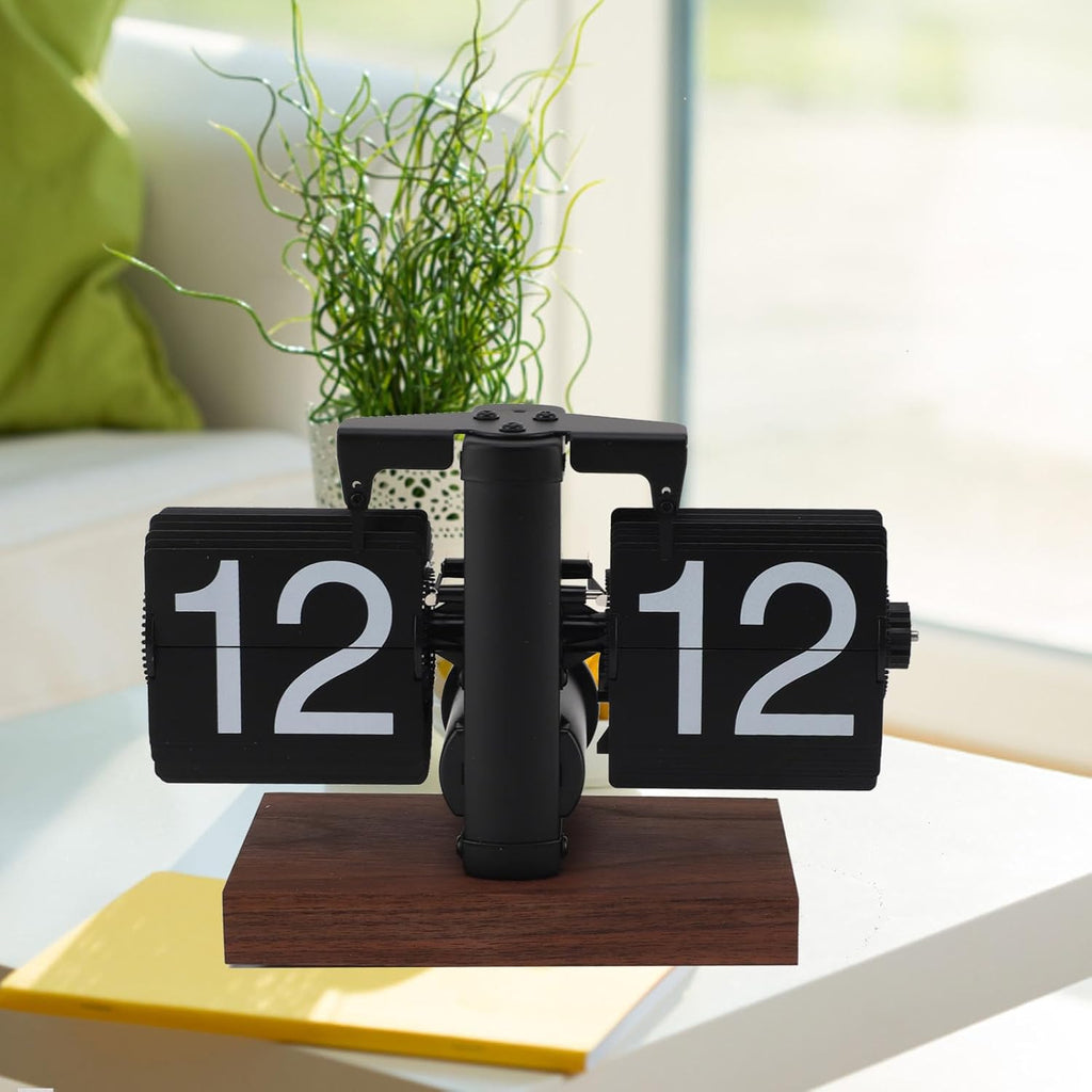Black flip down clock with a wood base as a mid-century desk accent for the living room, study, and home office Flipping_Clock_Black_1 Flipping_Clock_Black_2