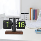 Black flip clock with a wood base and big readable numbers on a work desk as a retro office and study accessory Flipping_Clock_Black_1 Flipping_Clock_Black_2