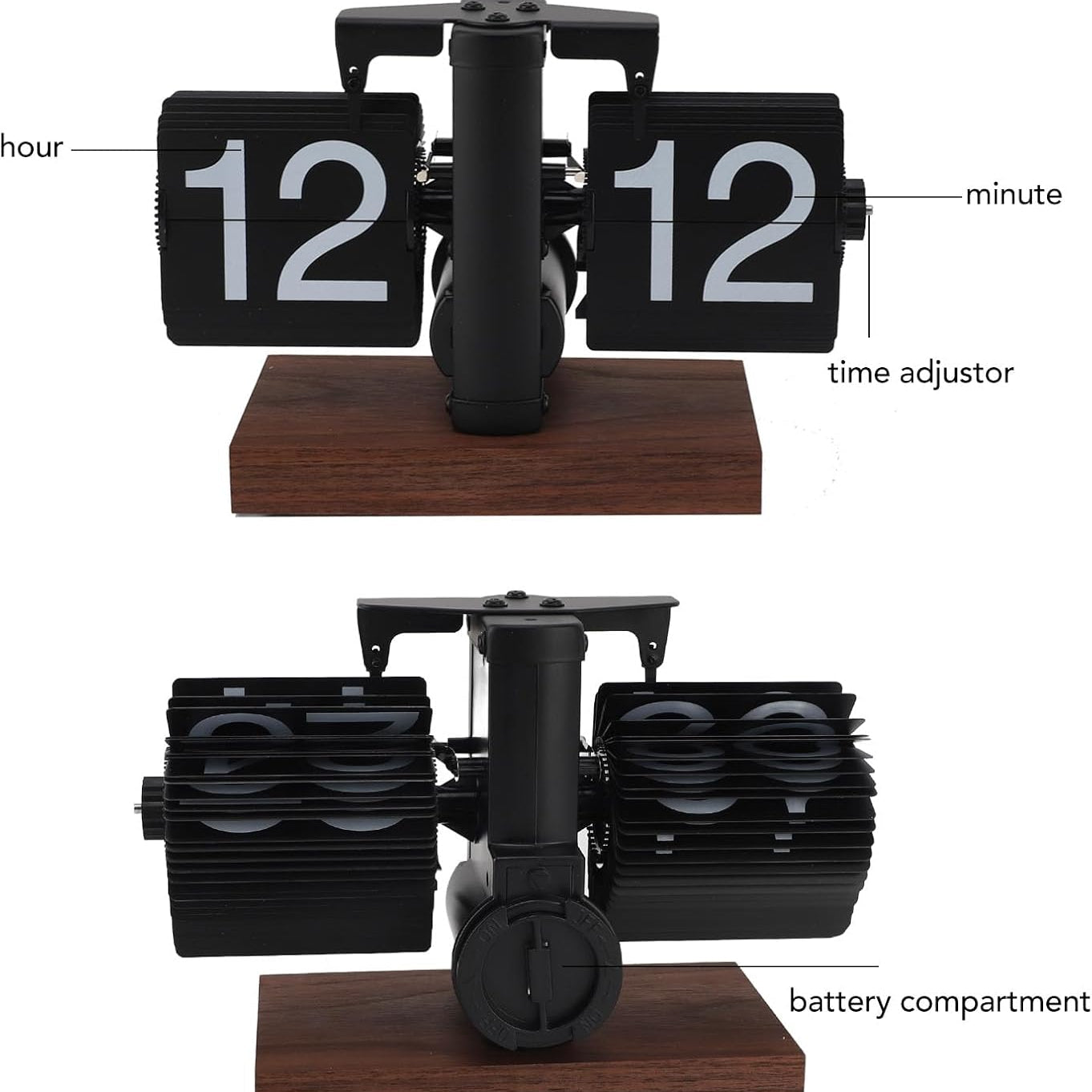 Flip down desk clock with a labeled minute knob and battery compartment, an easy-set retro home decor clock Flipping_Clock_Blue_1 Flipping_Clock_Blue_2