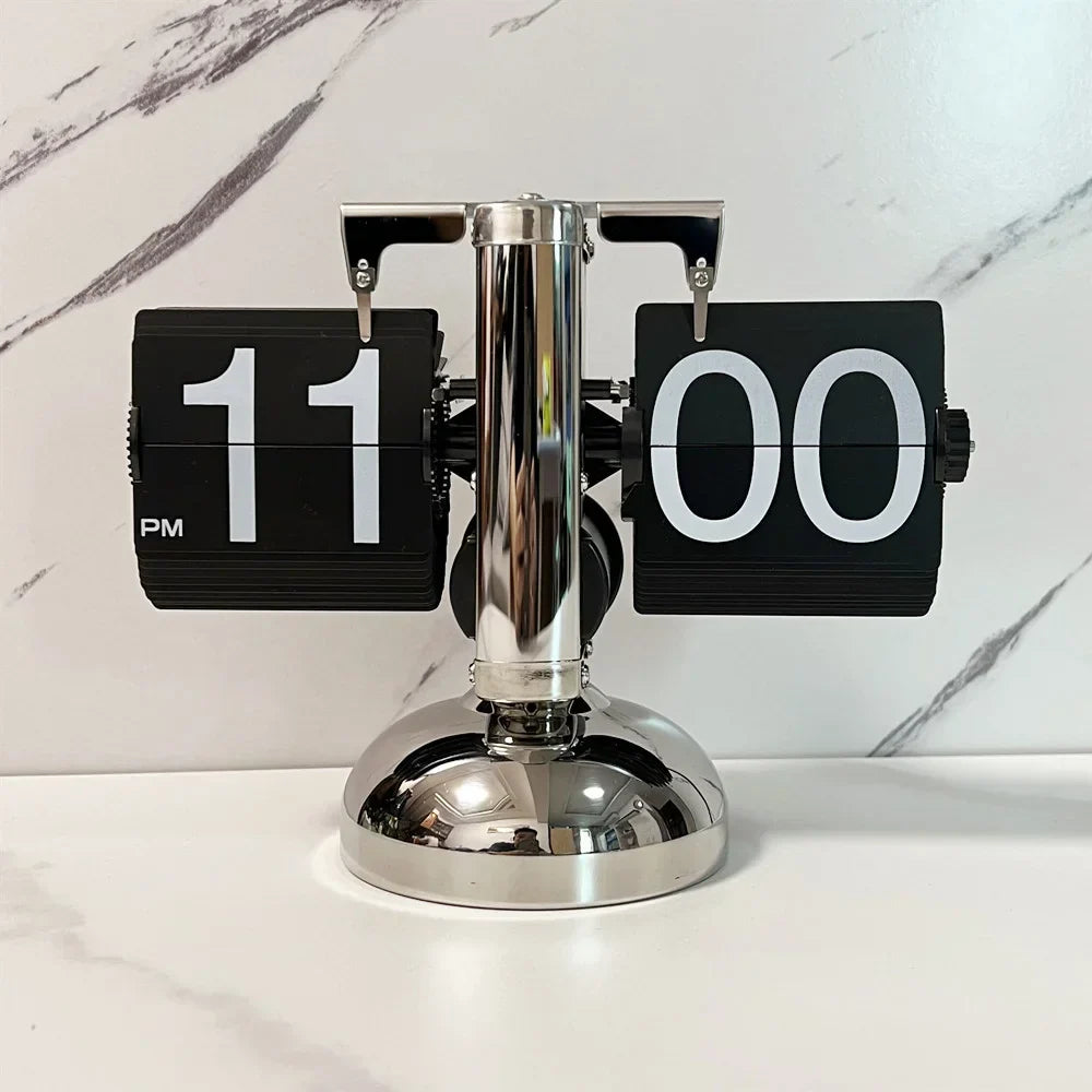 Black flip clock with a polished metal stand and large numbers as a retro living room and office desk accent Flipping_Clock_Black_1 Flipping_Clock_Black_2