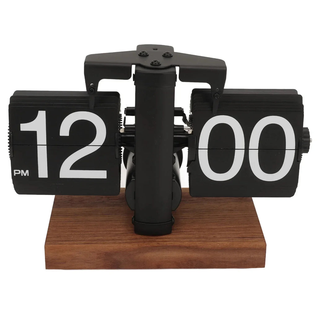 Black mechanical flip clock on a solid wood base as a vintage desk accent for a home study or office shelf display Flipping_Clock_Black_1 Flipping_Clock_Black_2