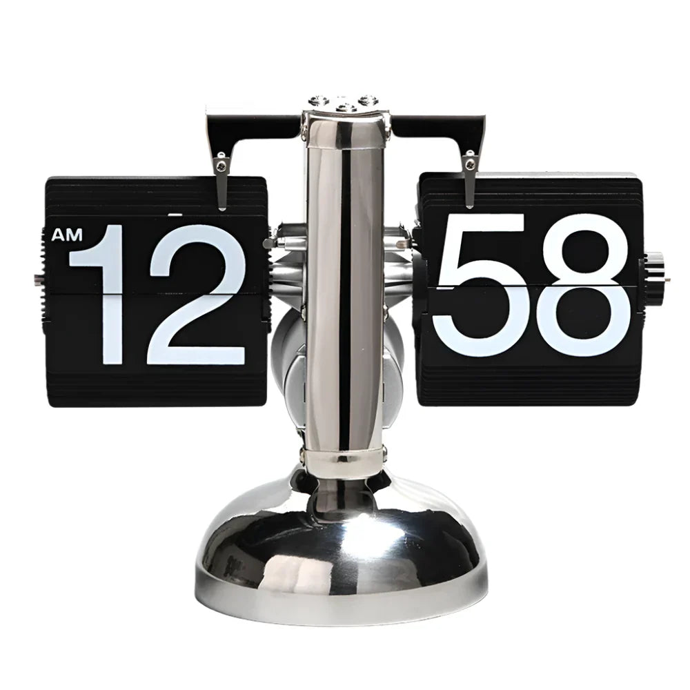White vintage flip clock with a polished chrome stand for a mid-century living room, office, and shelf styling Flipping_Clock_White_1 Flipping_Clock_White_2